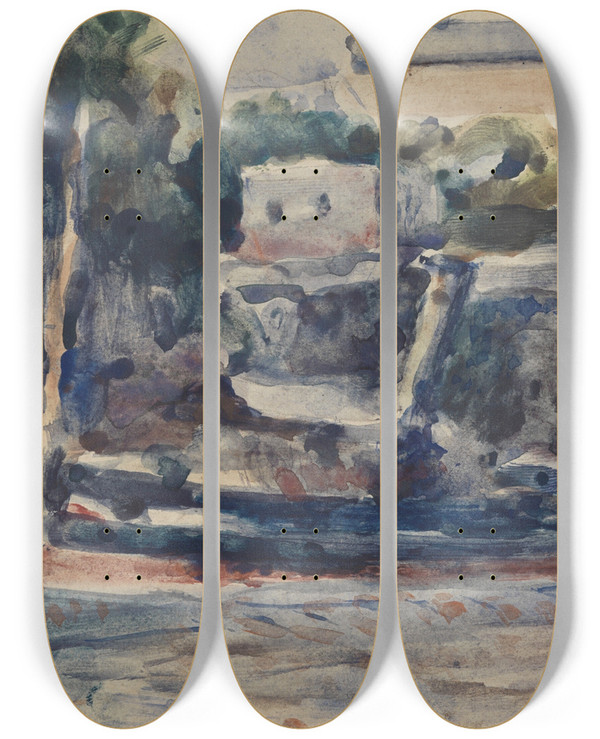 Triptych art skateboard deck of Louis Hayet Remorquer Quai Bucherel Pontoise Les Becs De Gaz by Louis Hayet (1864-1940)