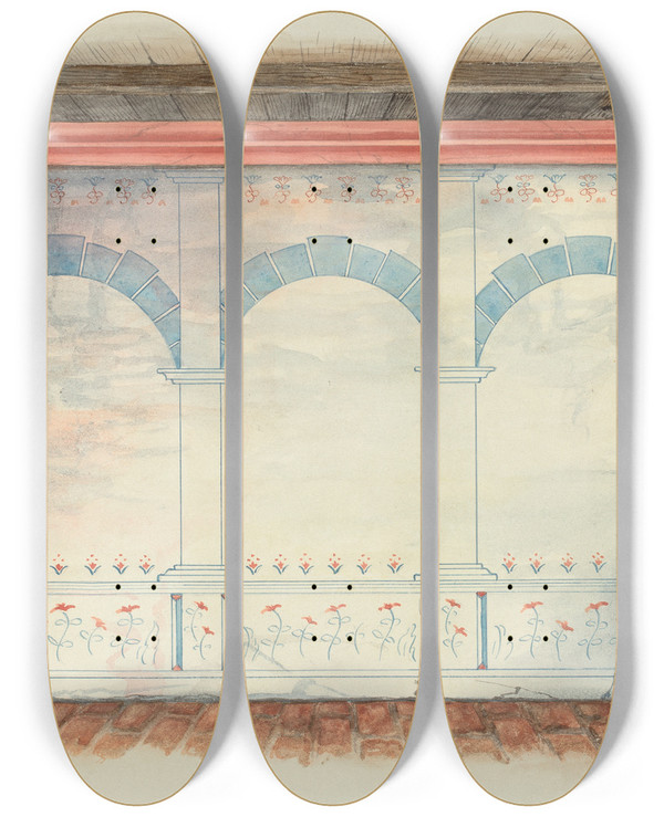 Triptych art skateboard deck of Geoffrey Holt And Harry Mann Waddell Restoration Drawing Wall Painting_2 by Geoffrey Holt And Harry Mann Waddell