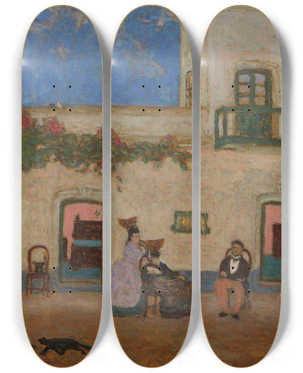 Triptych art skateboard deck of Pedro Figari El Patio O Patio Unitario by Pedro Figari (1861-1938)