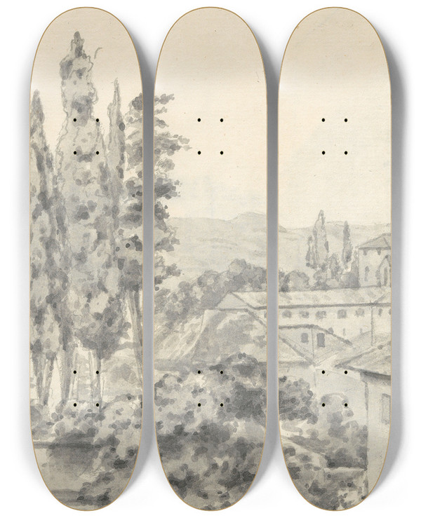 Triptych art skateboard deck of Joseph Wright Of Derby Landscape With Villas And A Church by Joseph Wright Of Derby (1734-1797)