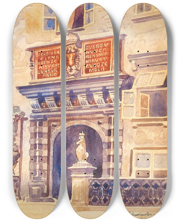 Triptych art skateboard deck of Franz Hoffelner Schweizer Tor In Hofburg Residence by Franz Hoffelner (1875-1936)