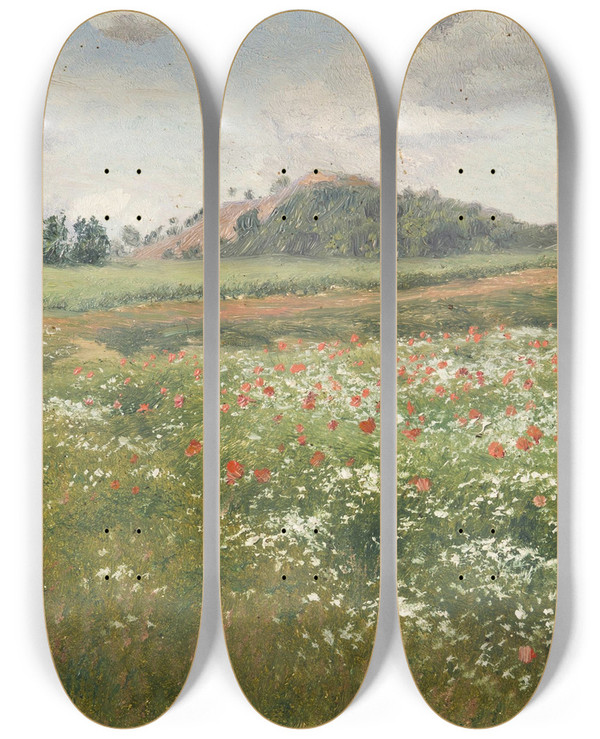 Triptych art skateboard deck of Frantiek Kavn Fields With Wild Poppies by Frantisek Kavan (1866-1841)