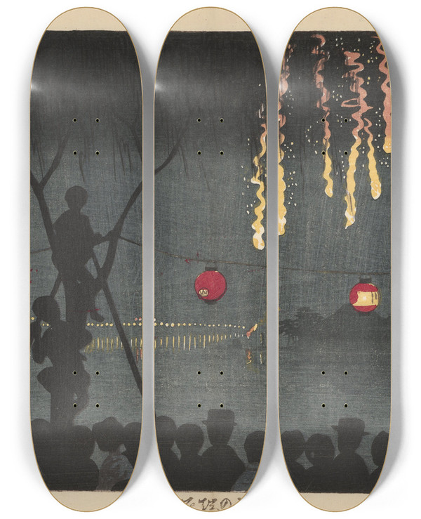 Triptych art skateboard deck of Kobayashi Kiyochika Fireworks At Ikenohata by Kobayashi Kiyochika (1847-1915)