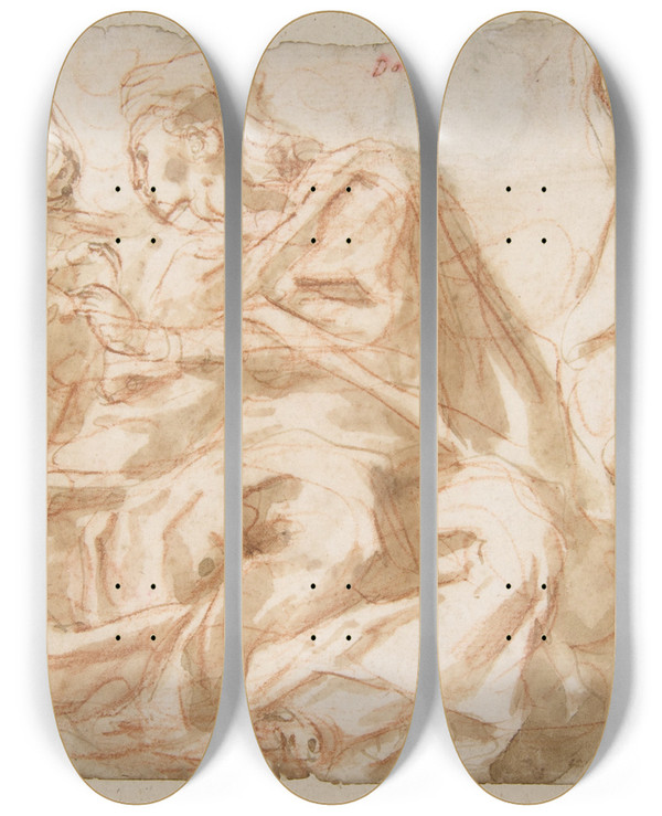 Triptych art skateboard deck of Cesare Pollino The Holy Family With Saint Elizabeth And The Infant Baptist by Cesare Pollino (1560-1600)