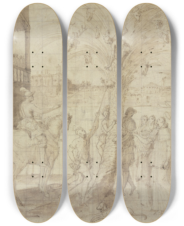 Triptych art skateboard deck of Antoine Caron Jagdszene Mit Einem Heiligen by Antoine Caron (1521-1599)