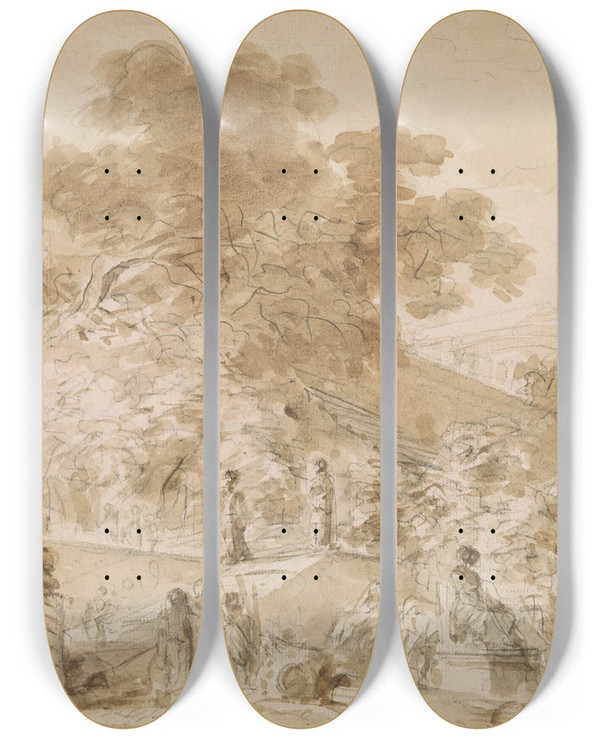 Triptych art skateboard deck of Jeanhonor Fragonard An Imaginary Italian Garden by Jean-Honor Fragonard (1732-1806)