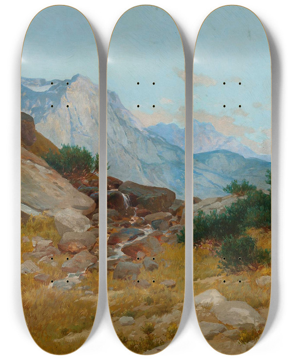 Triptych art skateboard deck of Tadeusz Popiel Landscape From The Tatra Mountains by Tadeusz Popiel (1863-1913)