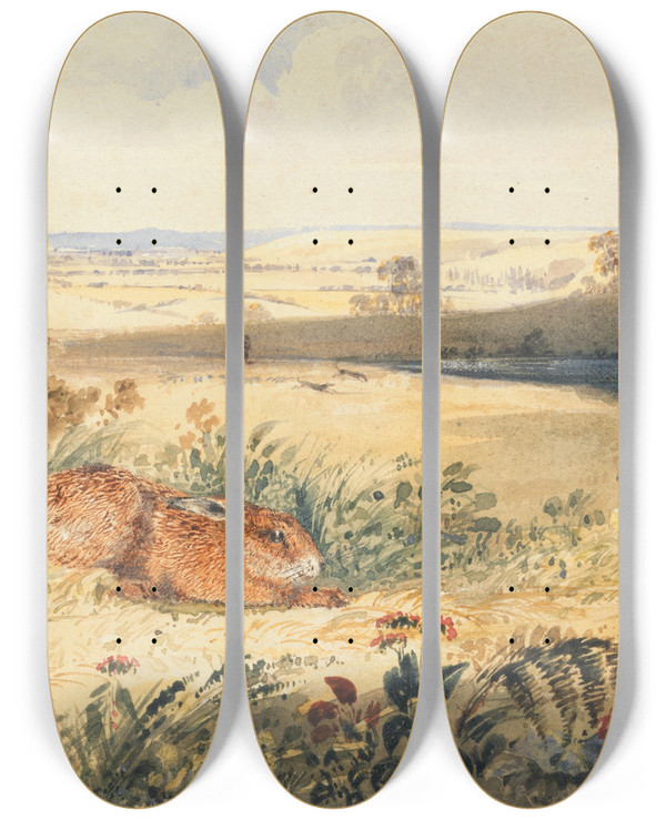 Triptych art skateboard deck of Newton Limbird Smith Fielding Hare In A Landscape by Newton Limbird Smith Fielding