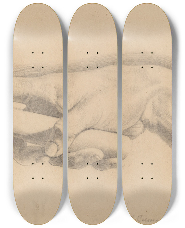 Triptych art skateboard deck of Horatio Greenough Study Of A Hand by Horatio Greenough (1805-1852)