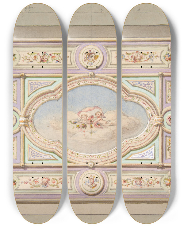 Triptych art skateboard deck of Julesedmondcharles Lachaise Design For A Ceiling With Putti by Jules-Edmond-Charles Lachaise (1897)