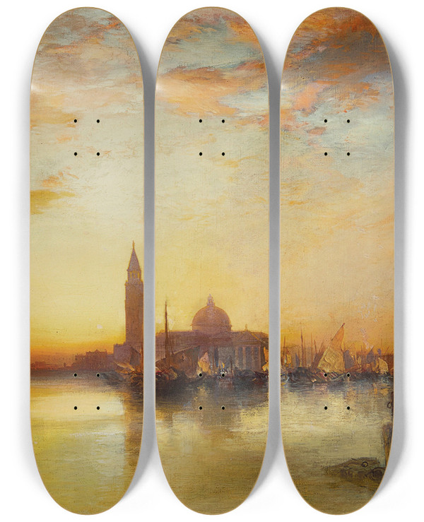Triptych art skateboard deck of Thomas Moran Ducal Palace Sunset by Thomas Moran (1837-1926)