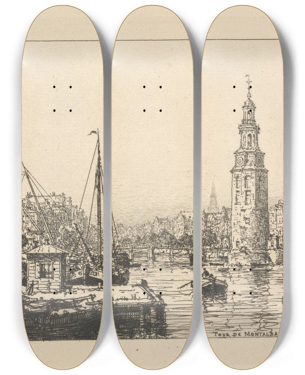 Triptych art skateboard deck of Maxime Lalanne Tour De Montalban Amsterdam by Maxime Lalanne (1827-1886)