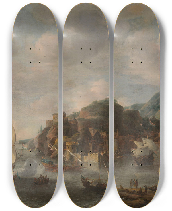 Triptych art skateboard deck of Jan Abrahamsz Beerstraaten Dutch Ships In A Foreign Port by Jan Abrahamsz Beerstraaten (1622-1666)