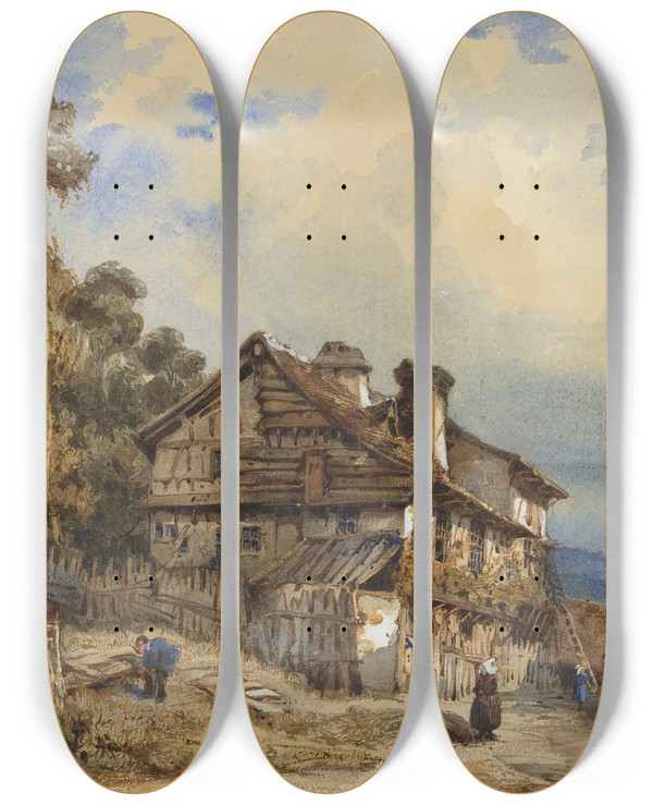 Triptych art skateboard deck of French School Rustic Landscape by French School (16-19-)