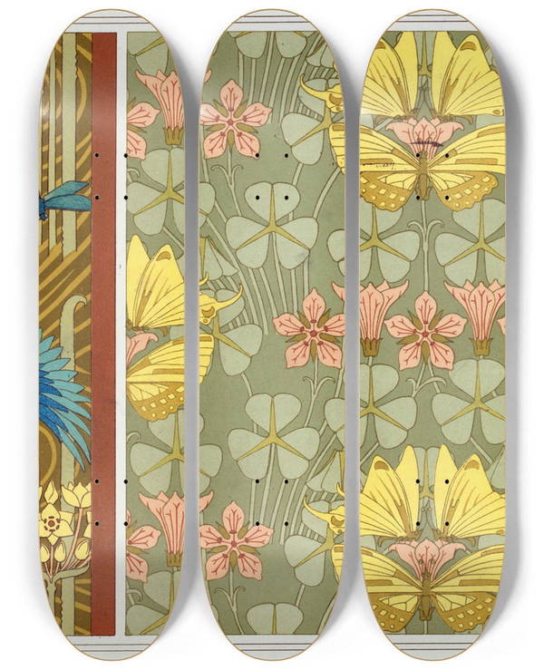 Triptych art skateboard deck of Maurice Pillard Verneuil Martinspcheurs Libellules Et Butome En Ombrelle Bordures Papillons Et Oxalide Toffe by Maurice Pillard Verneuil (1869-1942)