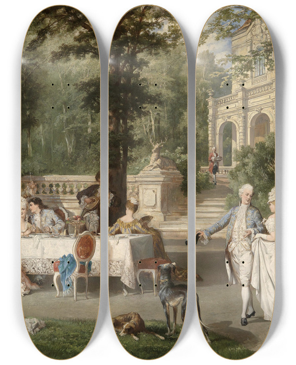 Triptych art skateboard deck of Carl Schweninger Jr Galante Gesellschaft Im Schlosspark by Carl Schweninger Jr (1854-1903)