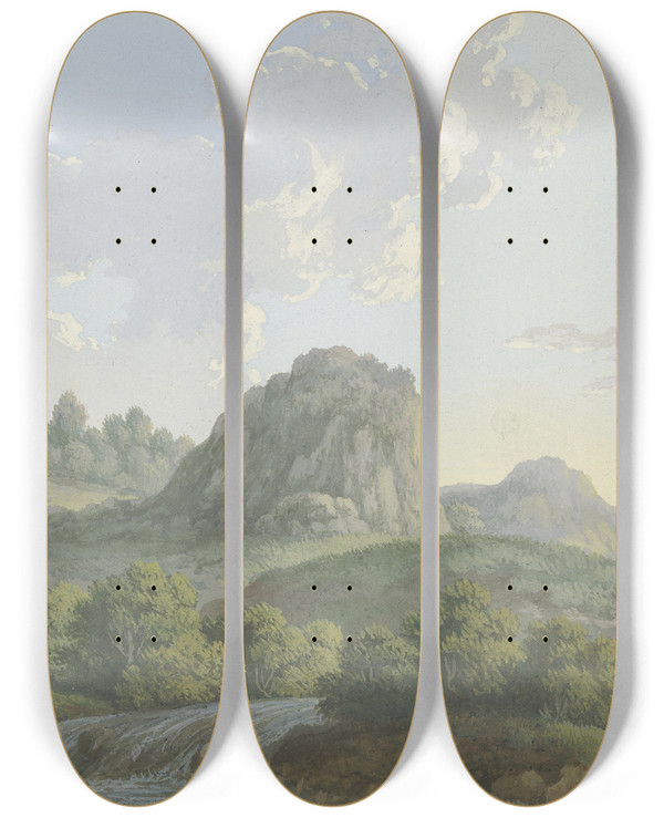 Triptych art skateboard deck of Karl Franz Kraul Bergige Landschaft Mit Einem Hohen Felsen Im Mittelgrund Zwei Mnner Bei Einem Waldbach Rastend by Karl Franz Kraul (1754-1796)