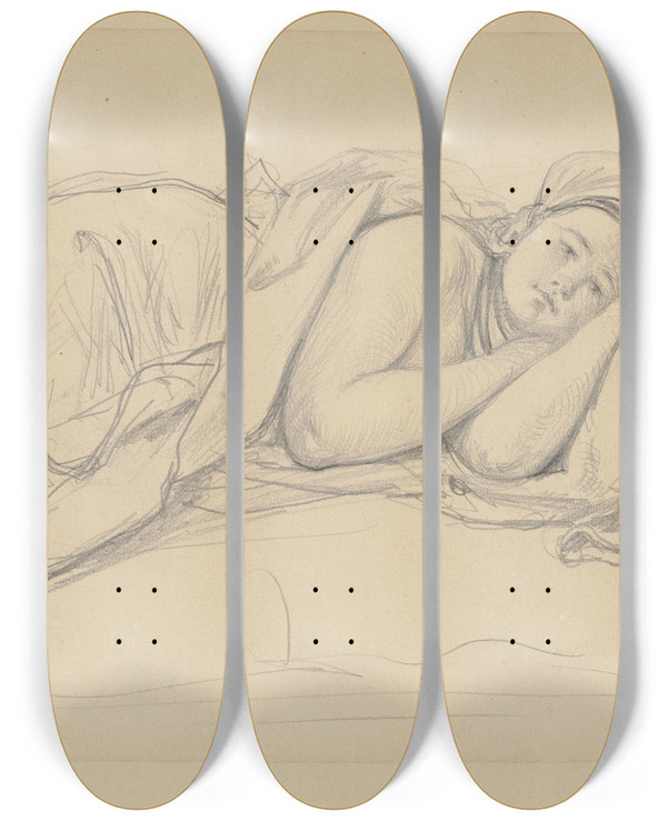 Triptych art skateboard deck of Wilhelm Amandus Beer Resting Girl by Wilhelm Amandus Beer (1837-1907)