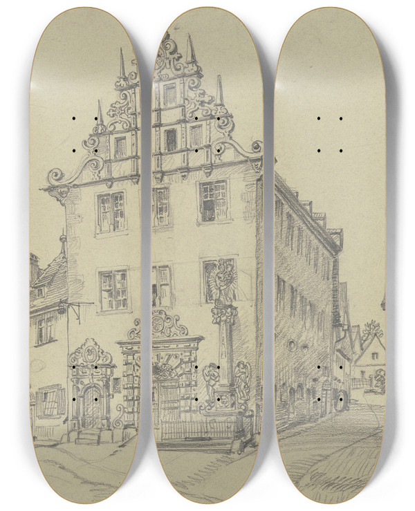 Triptych art skateboard deck of Andreas Bernhard Shngen Town Hall In Sulzfeld by Andreas Bernhard Sohngen (1846-1920)