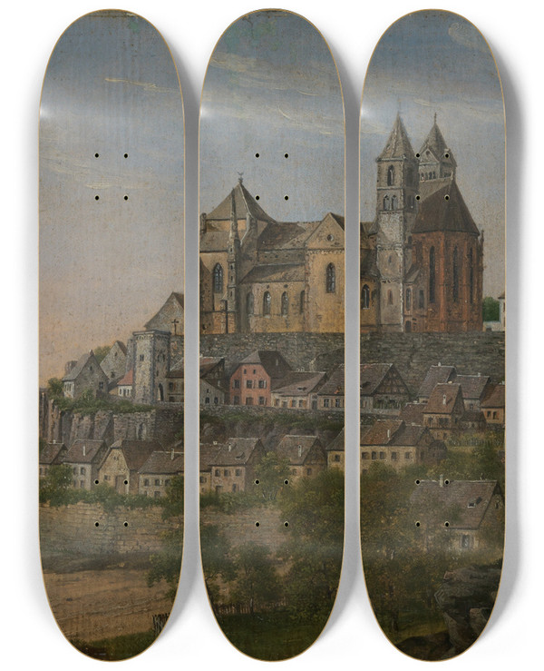 Triptych art skateboard deck of Georg Wilhelm Issel Blick Auf Altbreisach Am Rhein by Georg Wilhelm Issel