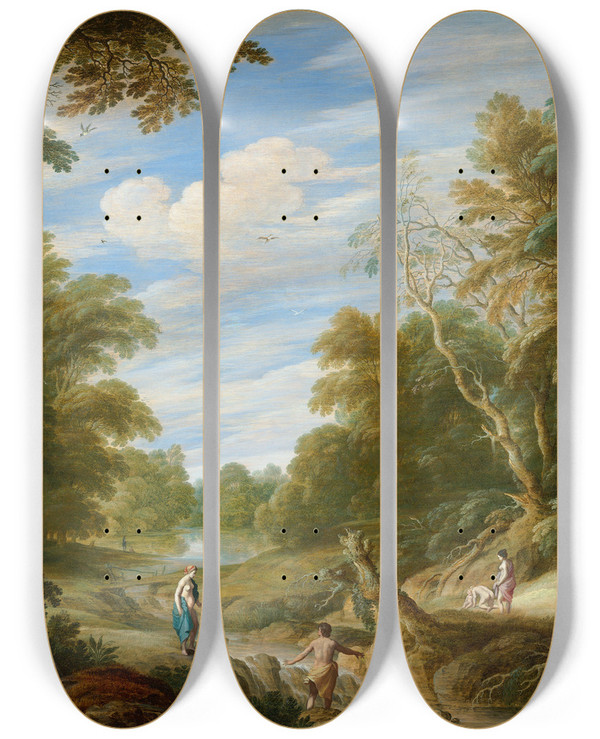 Triptych art skateboard deck of Cornelis Van Poelenburch Wooded Landscape With Figures by Cornelis Van Poelenburch (1594-1667)
