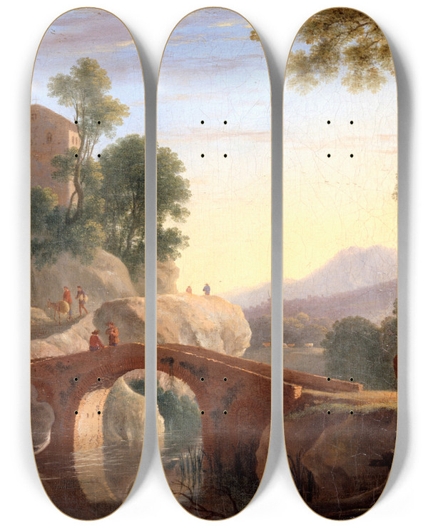 Triptych art skateboard deck of Herman Van Swanevelt Italian Landscape With Bridge by Herman Van Swanevelt (1600-1655)