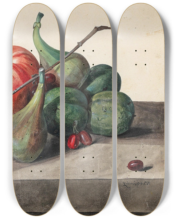 Triptych art skateboard deck of Leopold Zinngger Stillleben Mit Pfeln Feigen Und Cornelkirsche by Leopold Zinnogger (1811-1872)