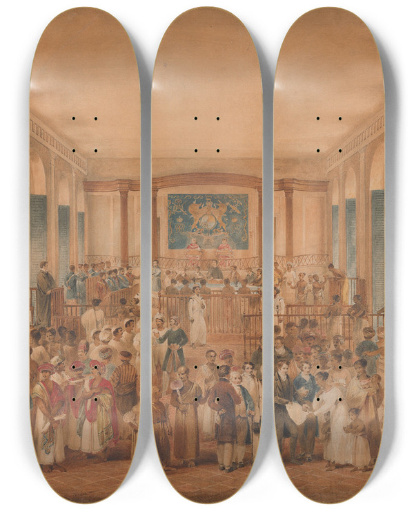 Triptych art skateboard deck of James Stephanoff The Supreme Court Of Judicature On The Island Of Ceylon by James Stephanoff