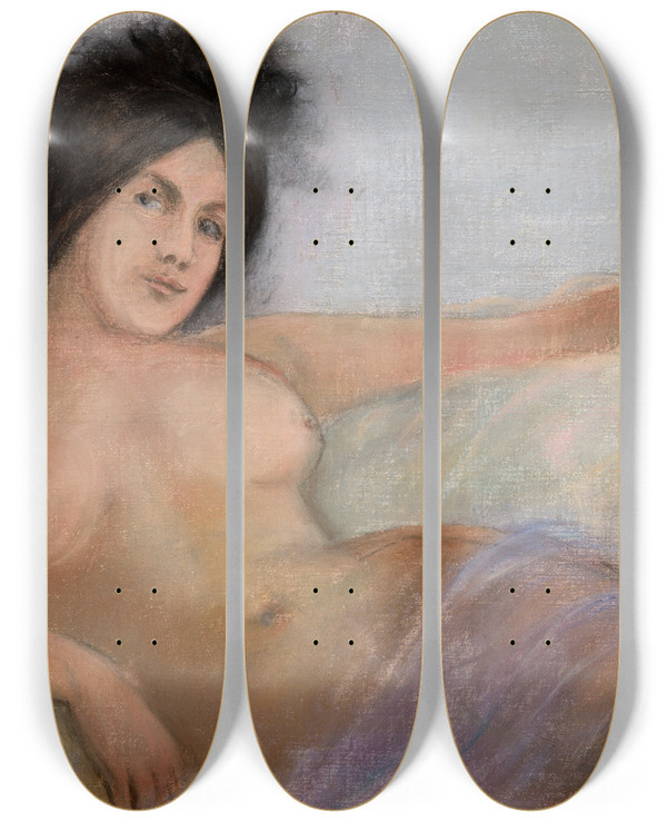Triptych art skateboard deck of Pierre Carrierbelleuse Reclining Model by Pierre Carrier-Belleuse (1851-1932)