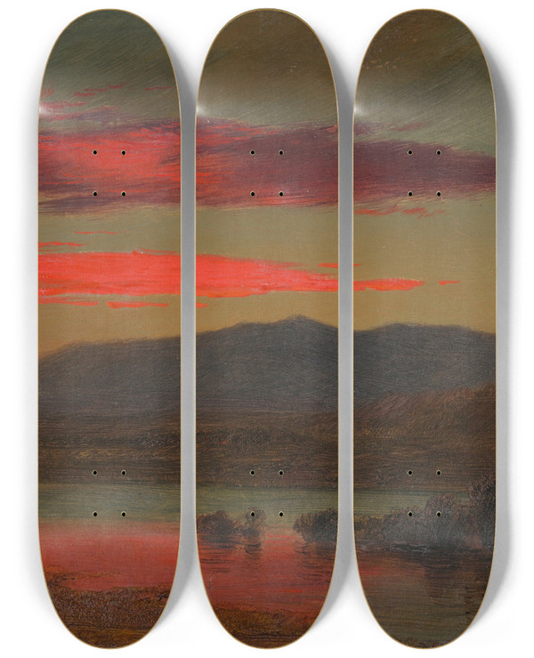 Triptych art skateboard deck of Frederic Edwin Church Sunset Hudson New York_1 by Frederic Edwin Church (1826-1900)