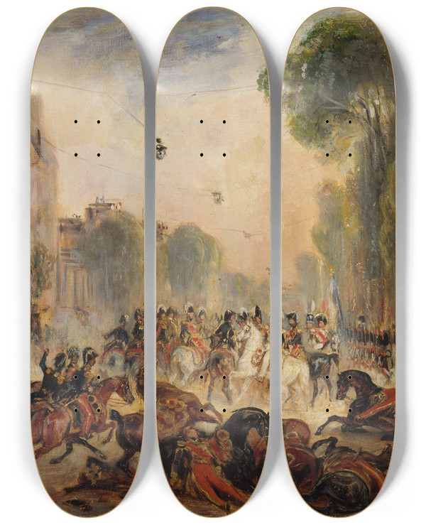 Triptych art skateboard deck of Franoisgabrielguillaume Lpaulle Lattentat De Fieschi Boulevard Du Temple 28 Juillet 1835 by Francois Gabriel Guillaume Lepaulle (1804-1886)