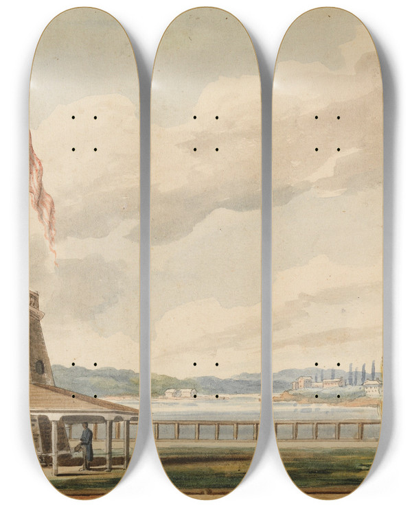 Triptych art skateboard deck of Pavel Petrovich Svinin The Travelers First View Of New Yorkthe Battery And Flagstaff by Pavel Petrovich Svinin (1787-1839)