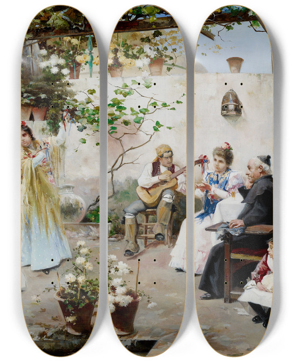 Triptych art skateboard deck of Juan Garca Ramos A Dance For The Priest by Juan Garcia Ramos (1856-1915)