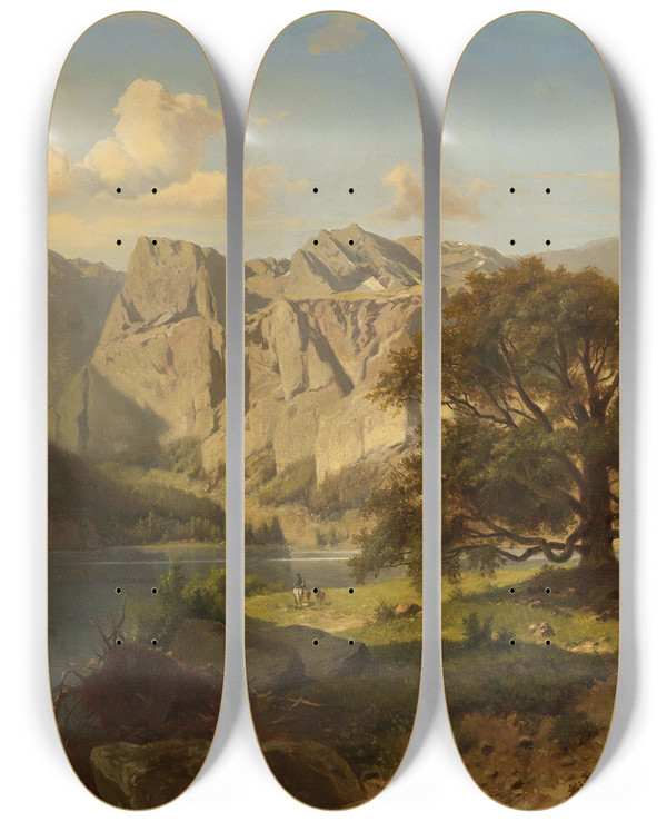 Triptych art skateboard deck of Adolf Chwala A Mountain Lake With Shepherds by Adolf Chwala (1836-1900)