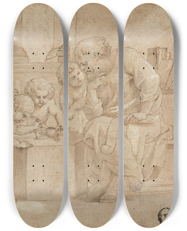 Triptych art skateboard deck of Peter Paul Rubens Elderly Man Watching Putti Dissect An Eye by Peter Paul Rubens (1577-1640)