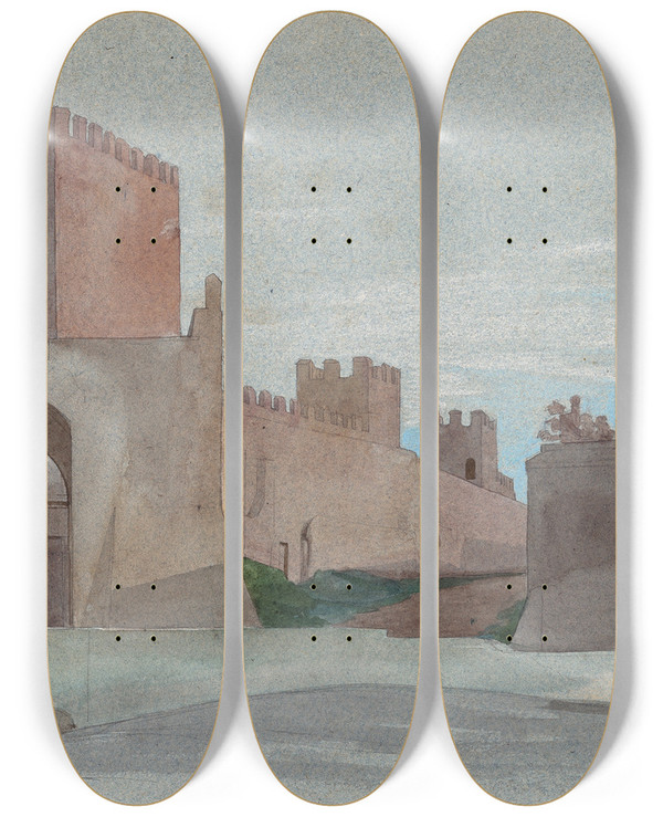 Triptych art skateboard deck of Victorfranoiseloi Biennourry Porta San Lorenzo Rome by Victor-Franois-Eloi Biennourry (1823-1893)