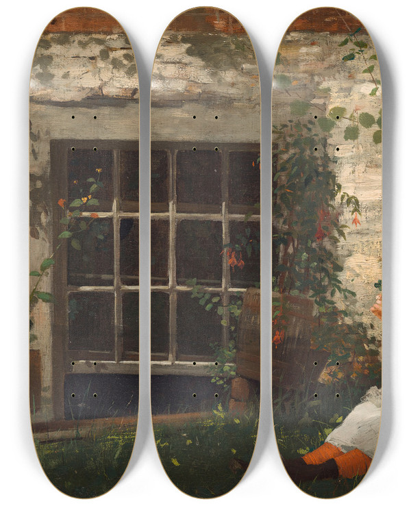 Triptych art skateboard deck of Winslow Homer The Fourleaf Clover by Winslow Homer (1836-1910)