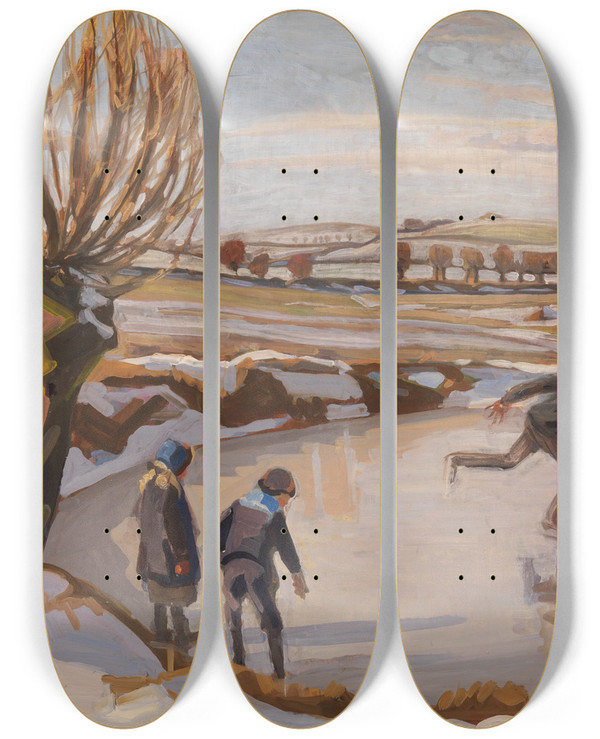 Triptych art skateboard deck of Fritz Syberg Vinteren Er Kommet Landskab Med Skjtelbere by Fritz Syberg (1862-1939)