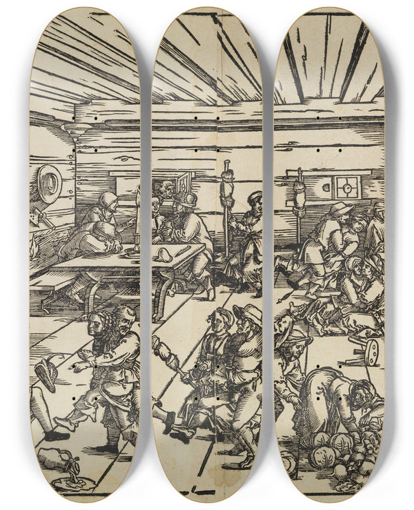 Triptych art skateboard deck of Sebald Beham Die Spinnstube by Sebald Beham (1500-1550)