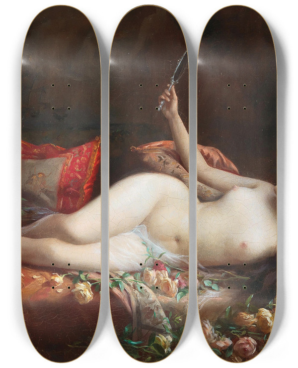 Triptych art skateboard deck of Delphin Enjolras On A Bed Of Roses by Delphin Enjolras (1857-1945)