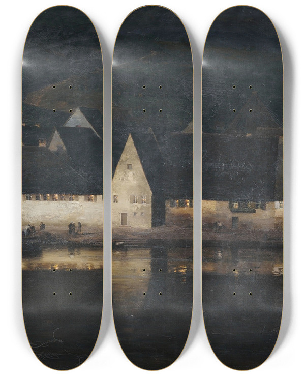Triptych art skateboard deck of Paul Wilhelm Kellerreutlingen Abenddmmerung Marktbreit Am Main by Paul Wilhelm Keller-Reutlingen (1854-1920)