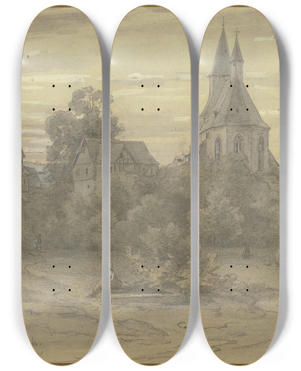 Triptych art skateboard deck of Philipp Rumpf Ansicht Von Gladenbach In Oberhessen by Philipp Rumpf (1821-1896)