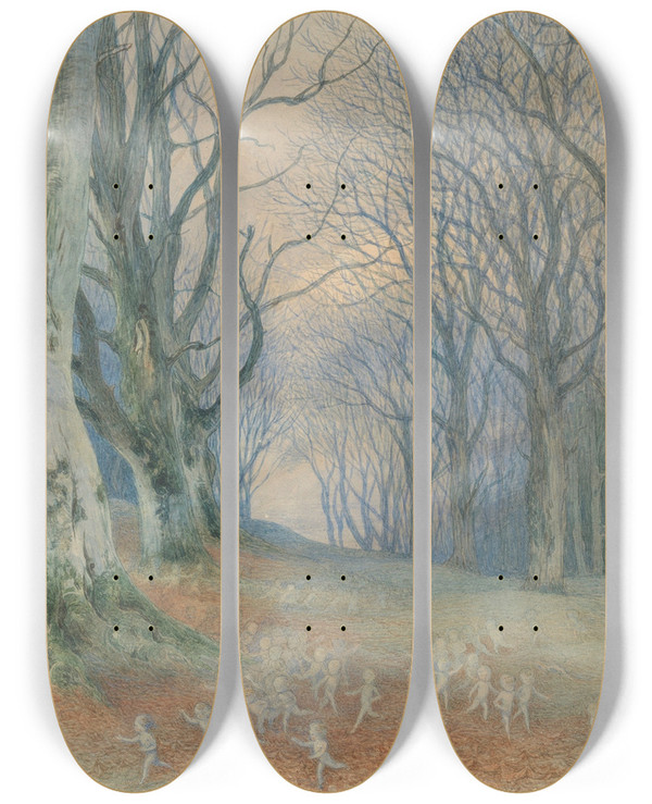 Triptych art skateboard deck of Richard Doyle Fairies And Squirrels In A Forest by Richard Doyle (1824-1883)