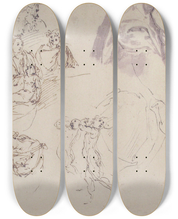 Triptych art skateboard deck of Francesco Curia Figure Studies The Holy Family A Running Or Dancing Child Drapery Studies by Francesco Curia (1538-1610)