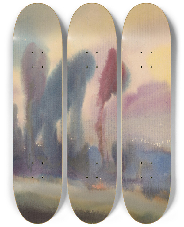 Triptych art skateboard deck of Zolo Palugyay Tall Trees On The Edge Of The Forest by Zolo Palugyay (1898-1935)