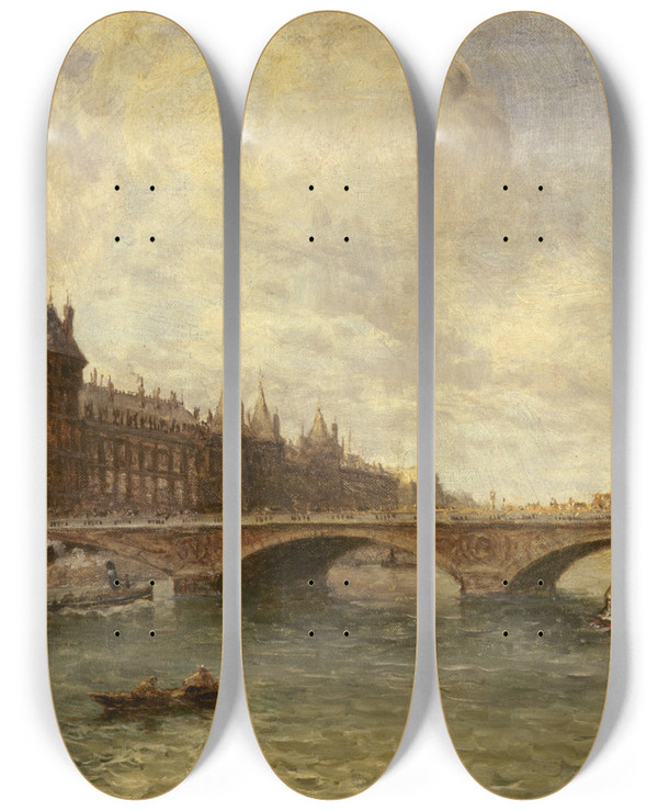 Triptych art skateboard deck of Frank Myers Boggs Le Pont Au Change Et Le Quai De Lhorloge by Frank Myers Boggs (1855-1926)