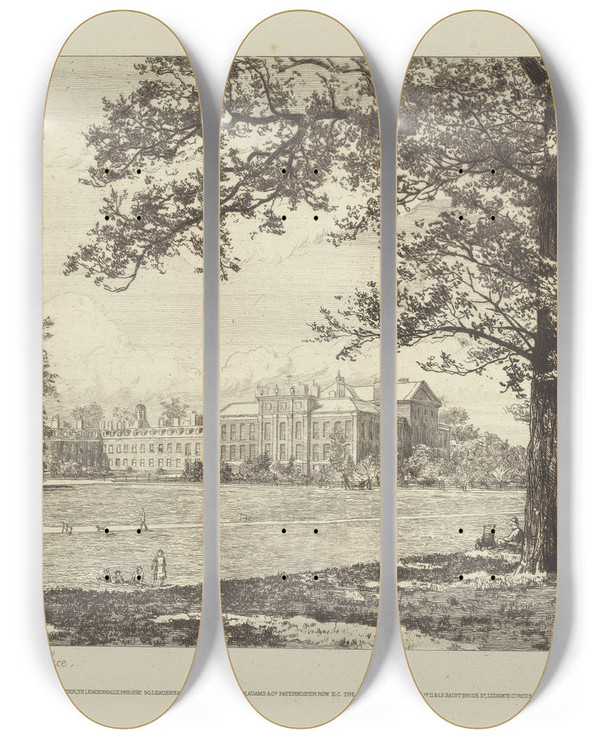 Triptych art skateboard deck of Tristram James Ellis Kensington Gardens The Palace by Tristram James Ellis (1844-1922)