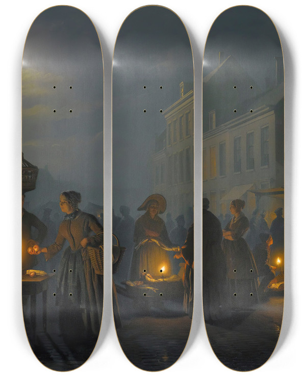 Triptych art skateboard deck of Petrus Van Schendel A Market At Dusk by Petrus Van Schendel (1806-1870)