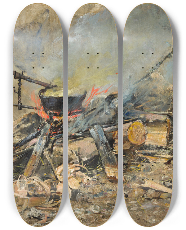 Triptych art skateboard deck of Carl Gustaf Hellqvist A Fire With A Kettle Study For Sancta Simplicitas by Carl Gustaf Hellqvist (1851-1890)