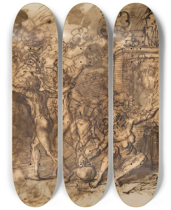 Triptych art skateboard deck of Salvator Rosa Figures Gathered Around A Tree by Salvator Rosa (1615-1673)